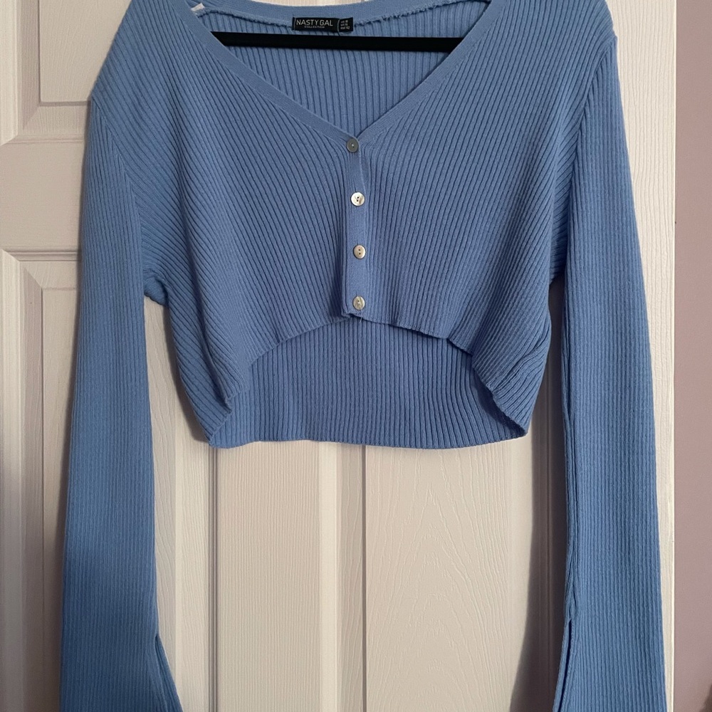 Blue Cropped Knit Cardigan with Bell Sleeves